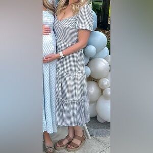 Abercrombie & Fitch Short-Sleeve Smocked Green Gingham Midi Dress